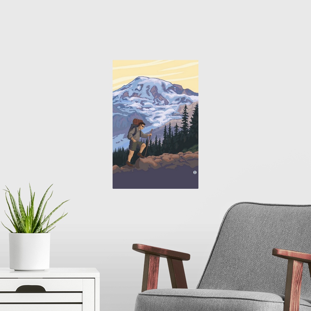 A modern room featuring Retro stylized art poster of a man hiking in the mountains.