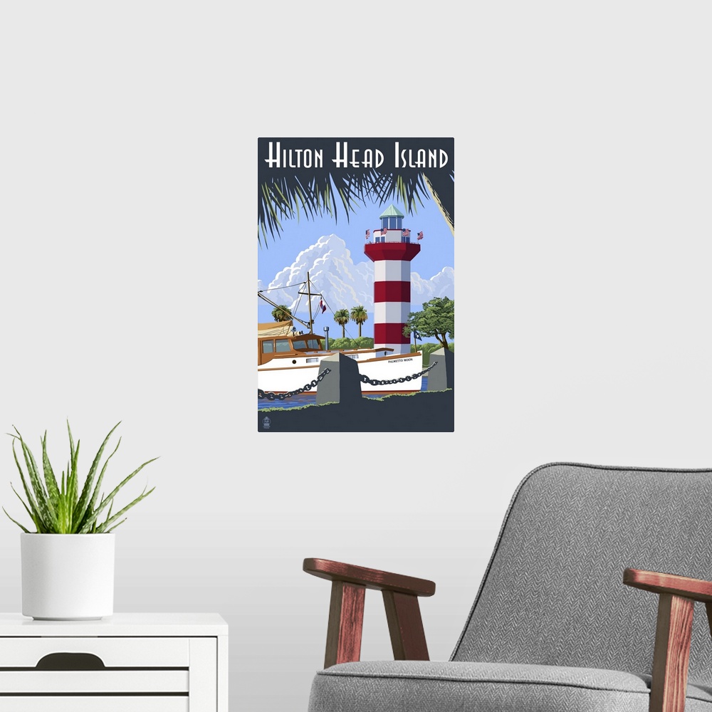 A modern room featuring A retro stylized art poster of a boat docked near a lighthouse on the beach.