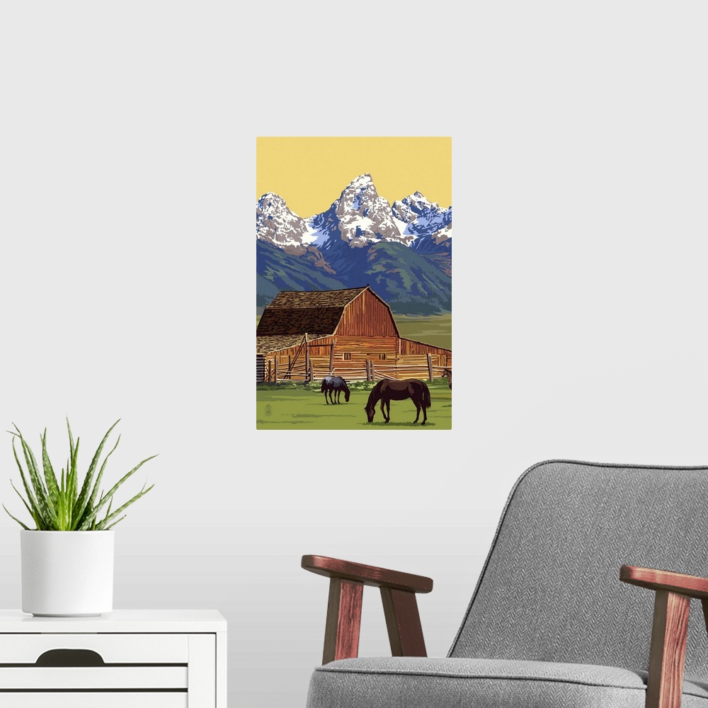 A modern room featuring Horses and Barn with Mountains: Retro Poster Art