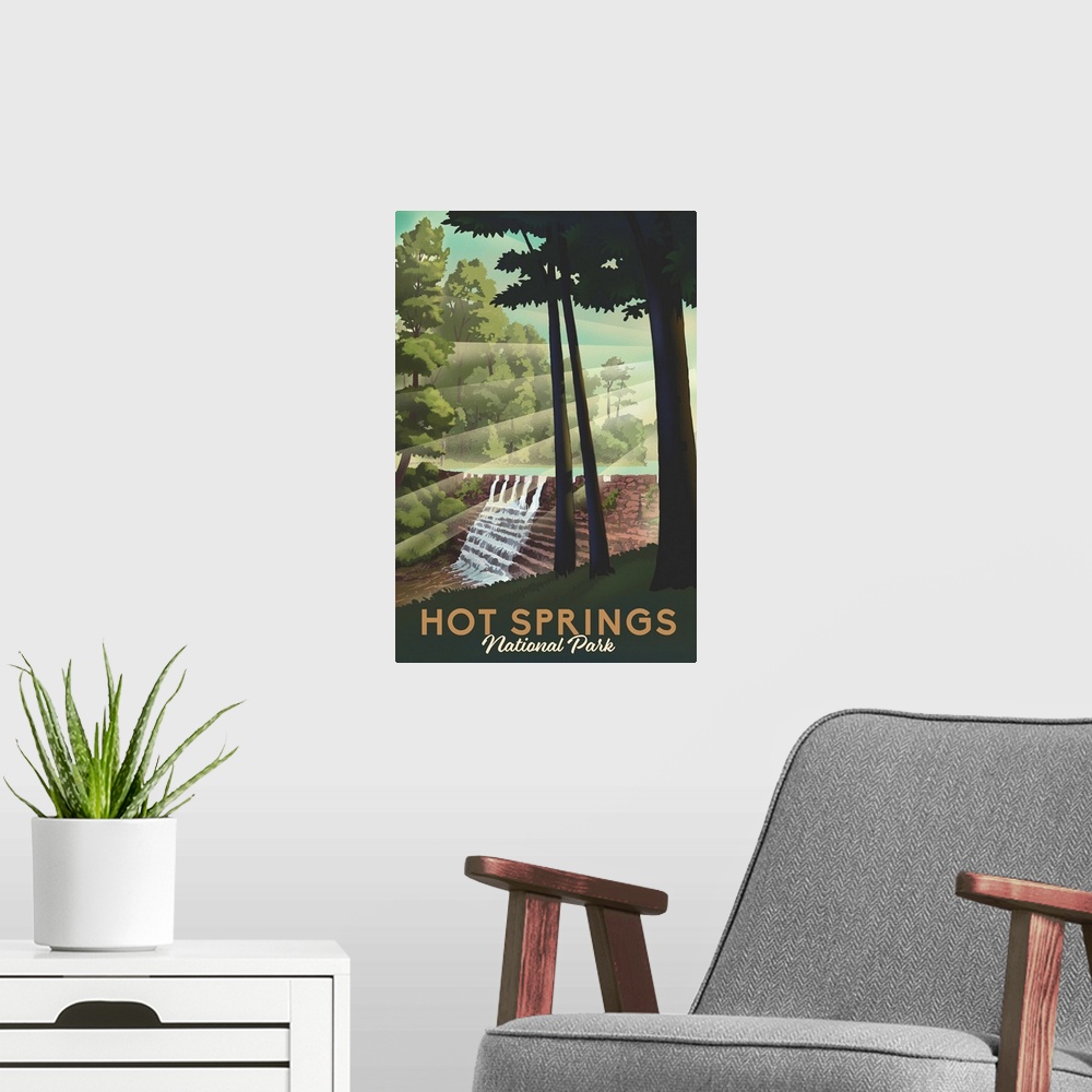 A modern room featuring Hot Springs National Park, Sunset Loop: Retro Travel Poster