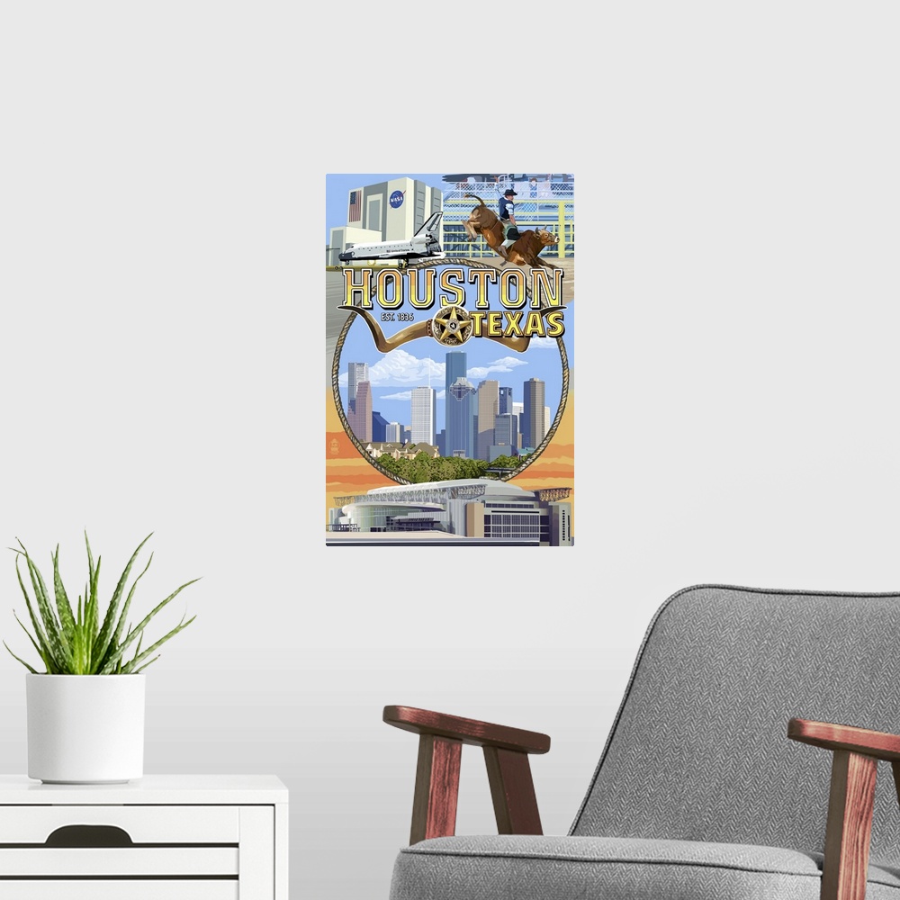 A modern room featuring Houston, Texas - Montage Scenes: Retro Travel Poster