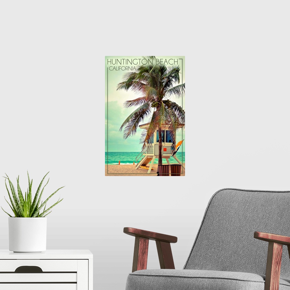 A modern room featuring Huntington Beach, California, Lifeguard Shack and Palm