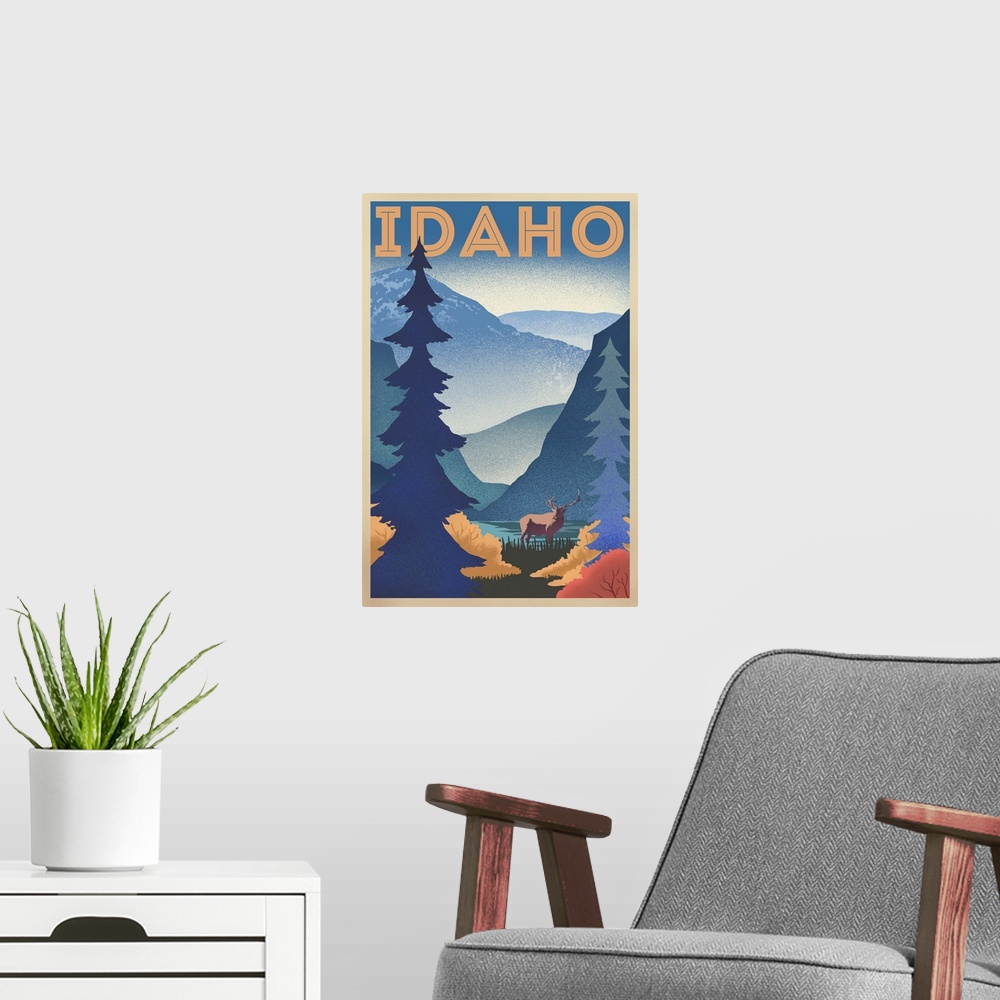 A modern room featuring Idaho - Elk & Mountain Scene - Lithograph