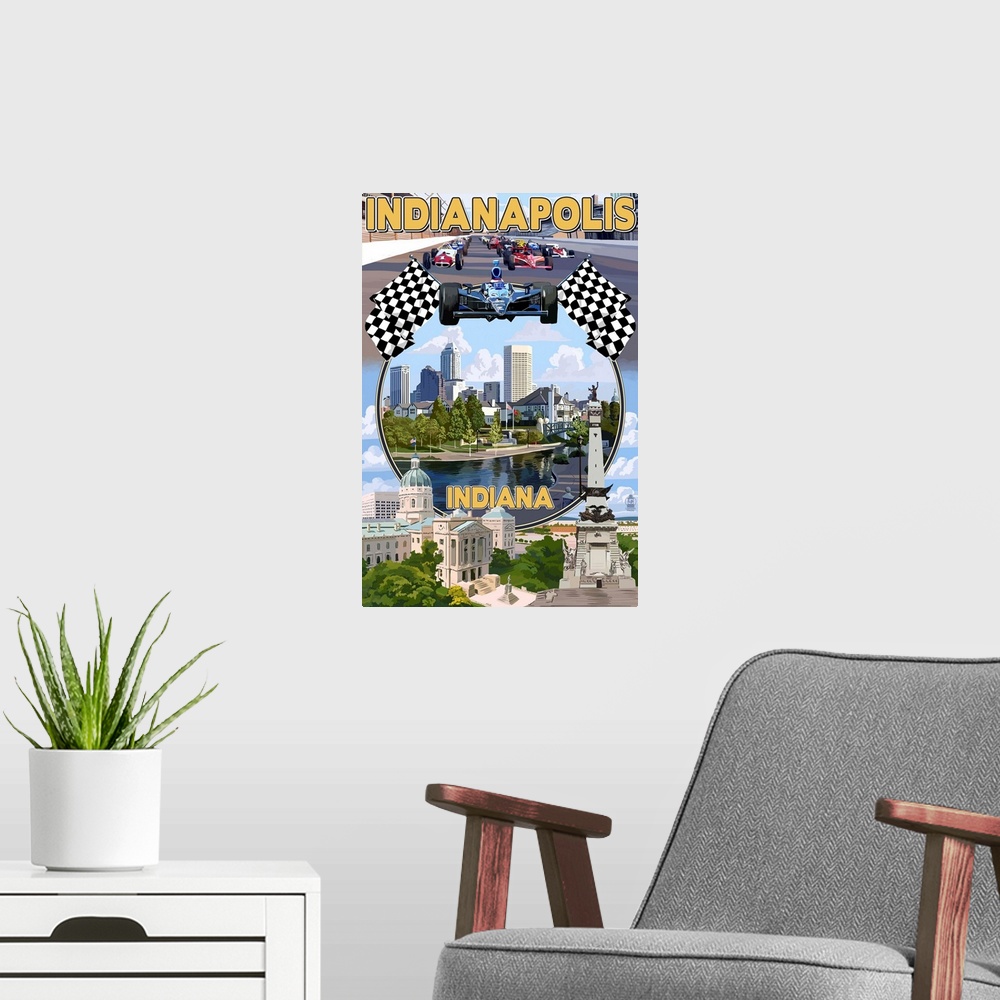 A modern room featuring Retro stylized art poster of city scenes with race cars on a track, and views of a city.