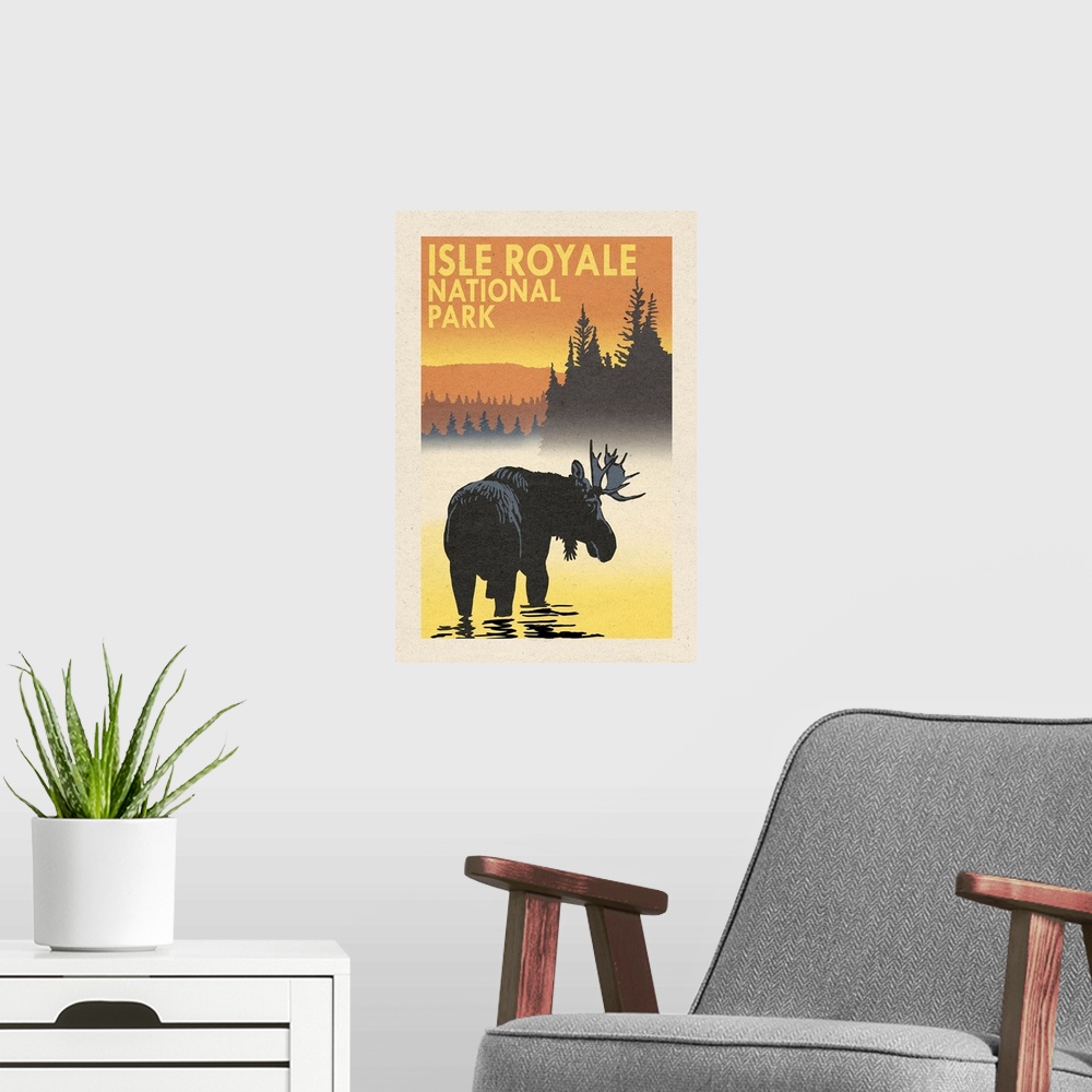 A modern room featuring Isle Royale National Park, Moose Silhouette: Retro Travel Poster