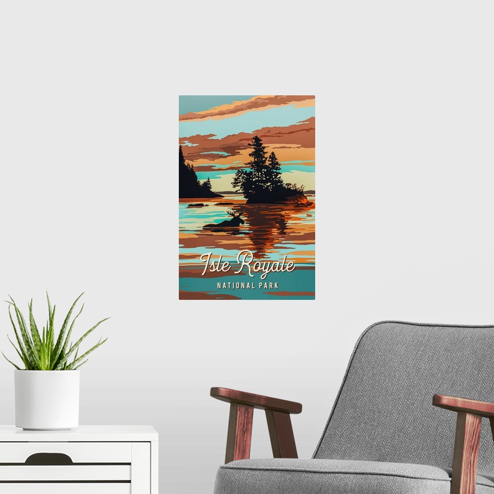 A modern room featuring Isle Royale National Park, Moose Swimming: Graphic Travel Poster