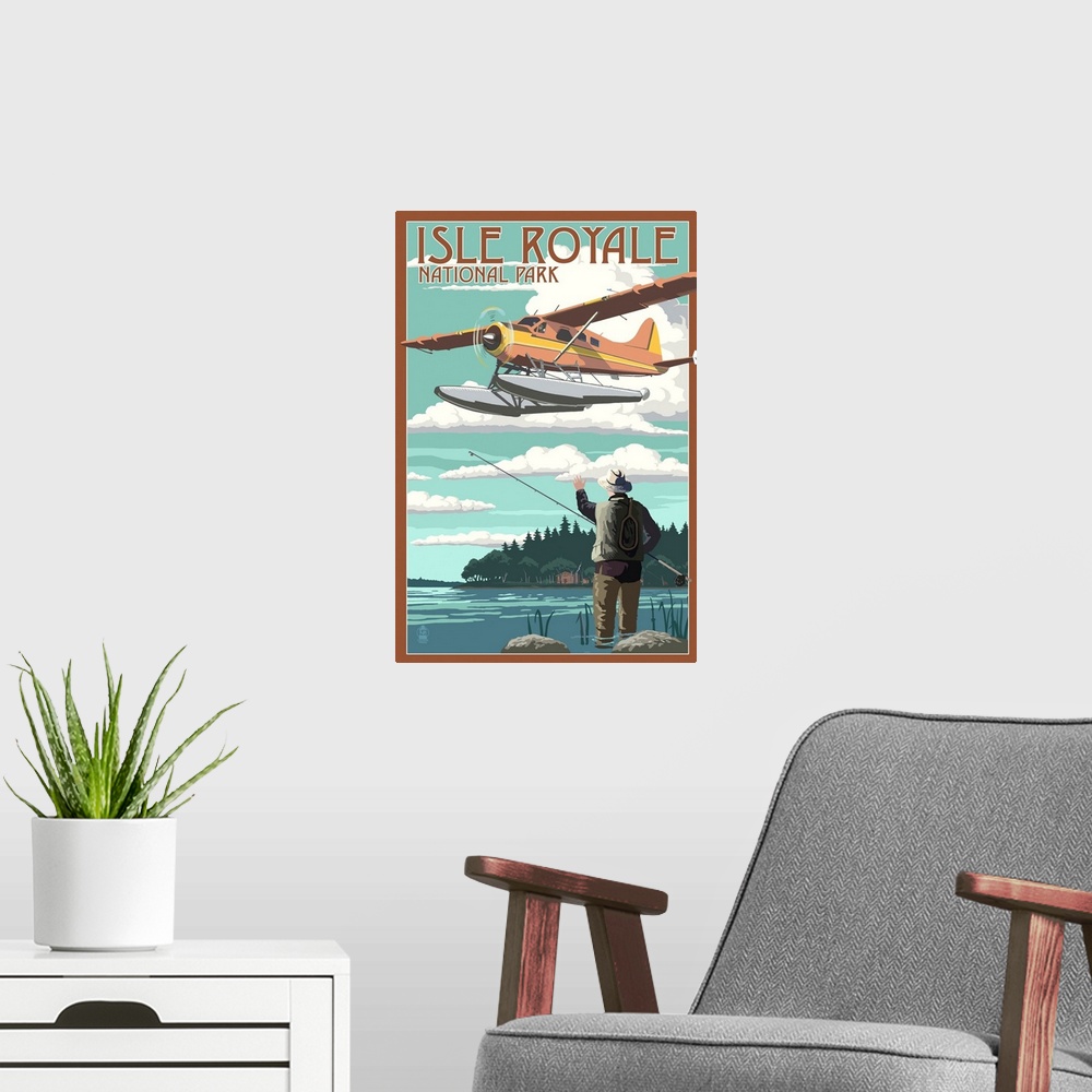 A modern room featuring Isle Royale National Park, Seaplane Over Fisher: Retro Travel Poster