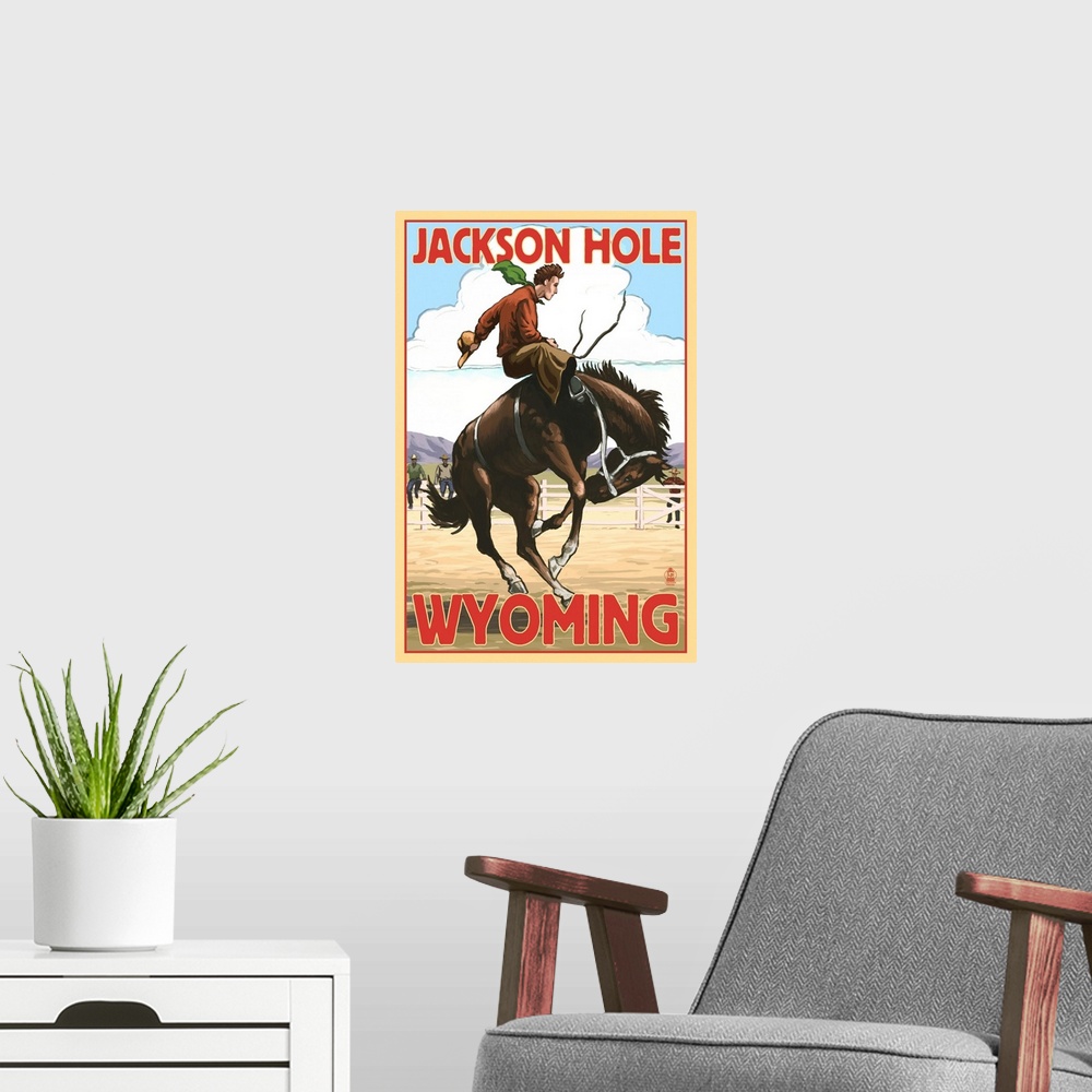 A modern room featuring Jackson Hole, Wyoming Bucking Bronco: Retro Travel Poster