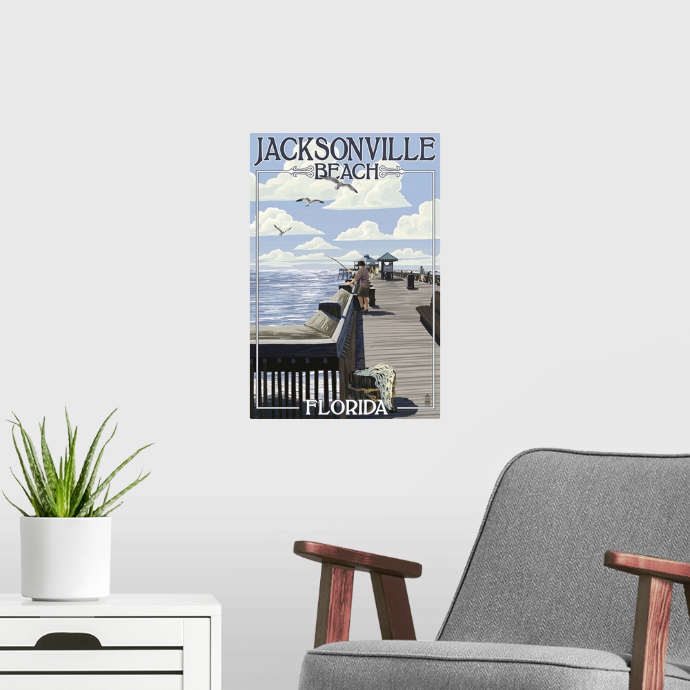 A modern room featuring Jacksonville Beach, Florida - Fishing Pier Scene: Retro Travel Poster