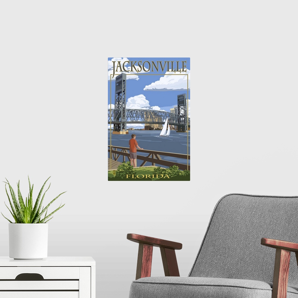 A modern room featuring Jacksonville, Florida - Bridge Scene: Retro Travel Poster