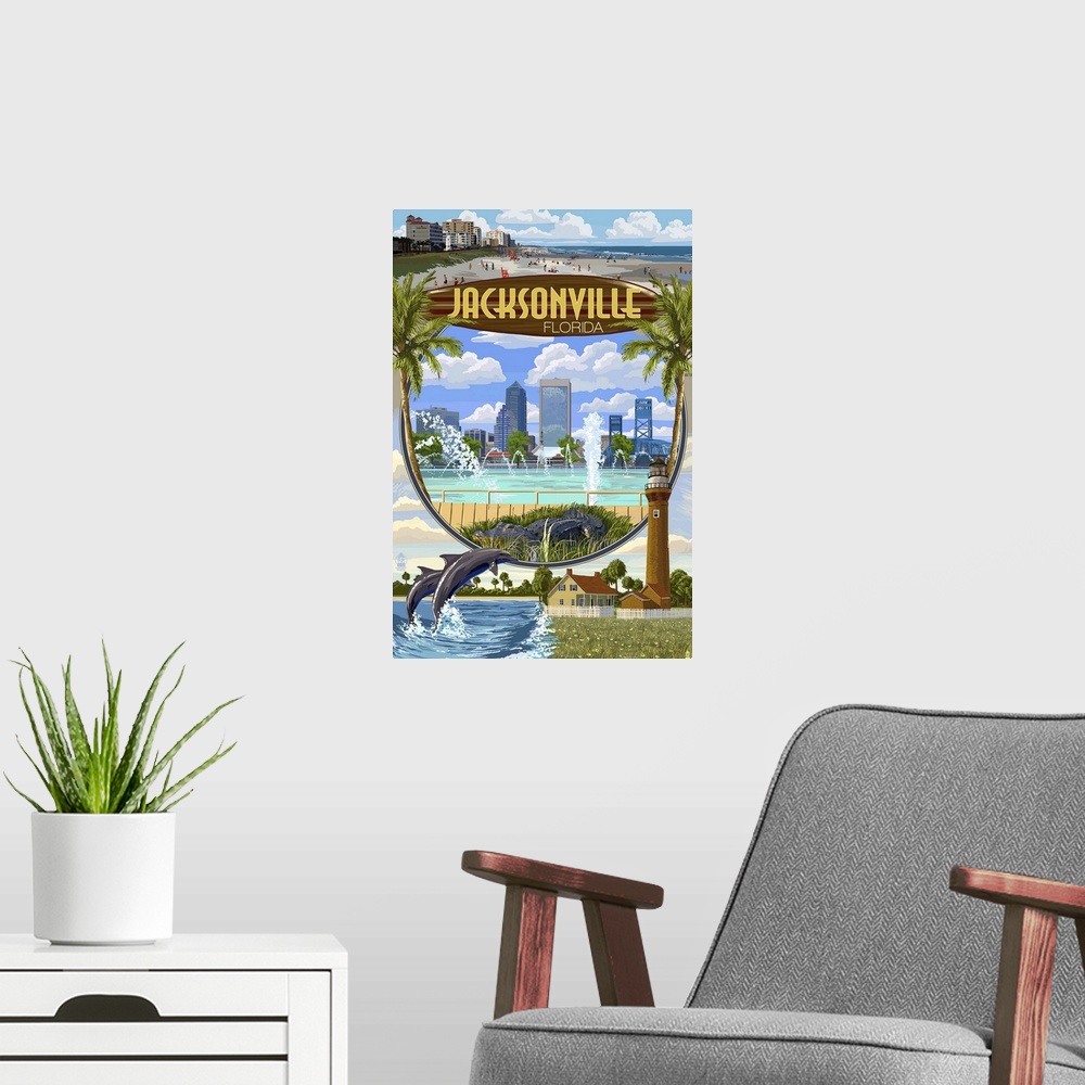 A modern room featuring Retro stylized art poster of a city skyline, with dolphins jumping into the air at the bottom of ...