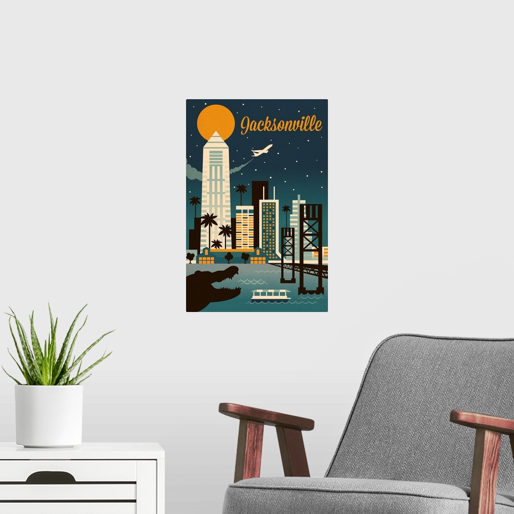 A modern room featuring Jacksonville, Florida - Retro Skyline Series