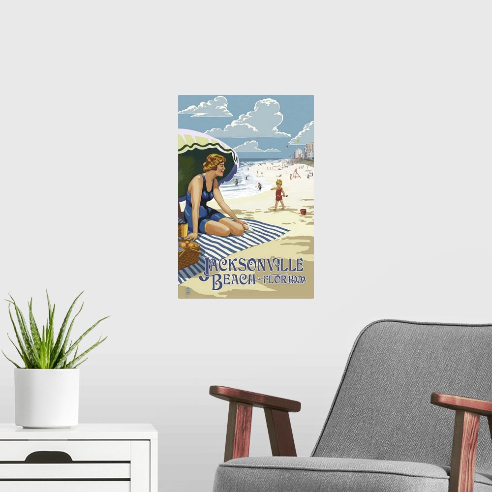 A modern room featuring Jacksonville, Florida - Woman and Beach Scene: Retro Travel Poster