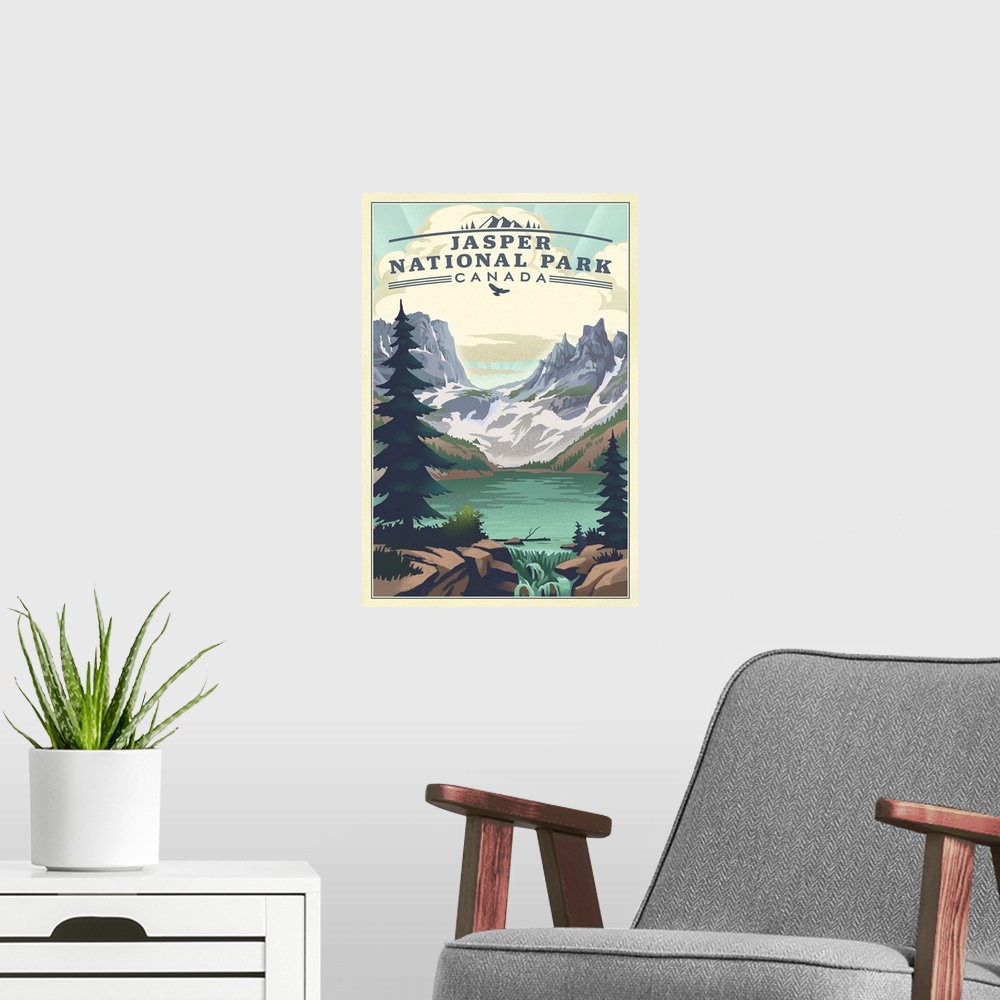 A modern room featuring Jasper National Park, Natural Landscape: Retro Travel Poster
