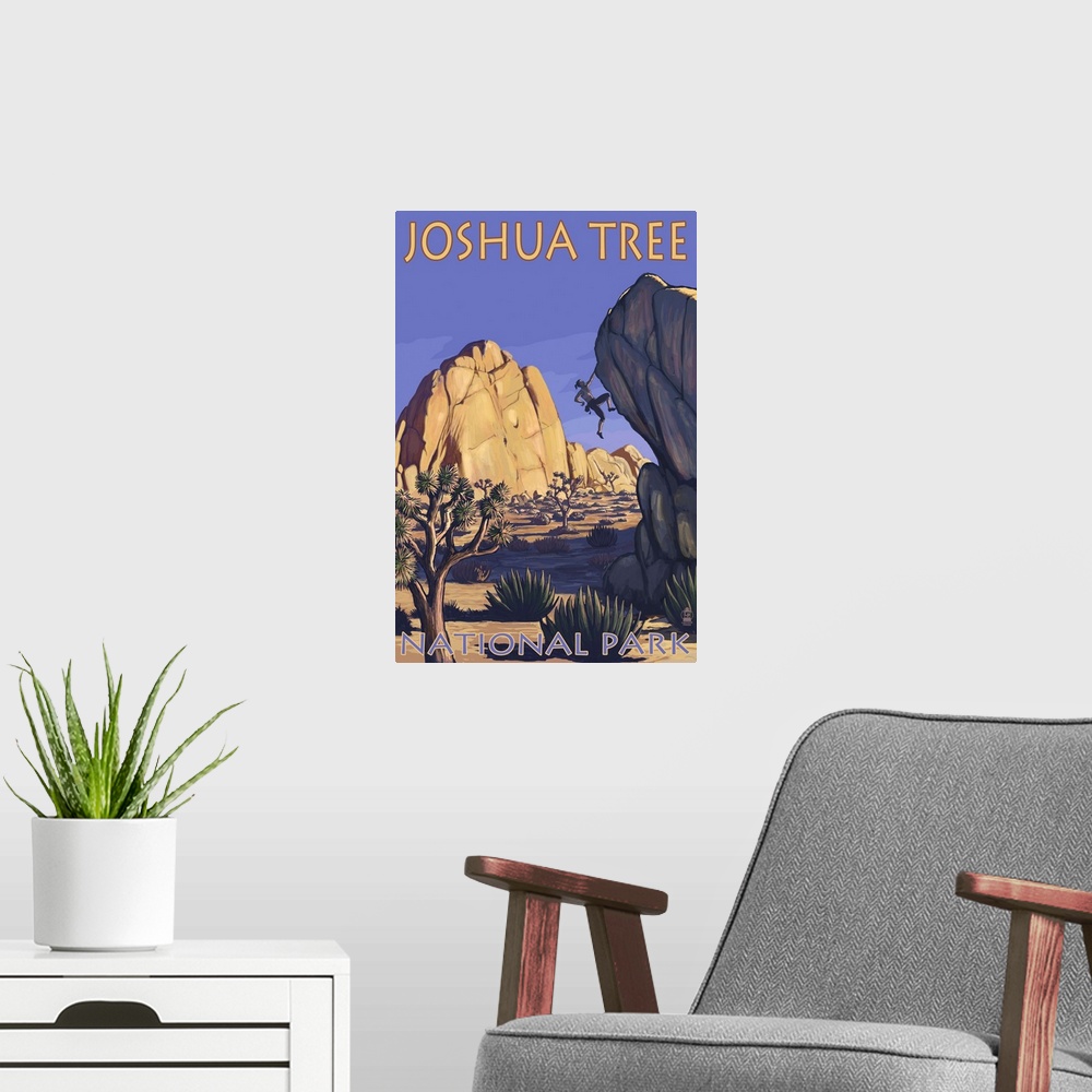 A modern room featuring Joshua Tree National Park, CA - Boulder Climber: Retro Travel Poster