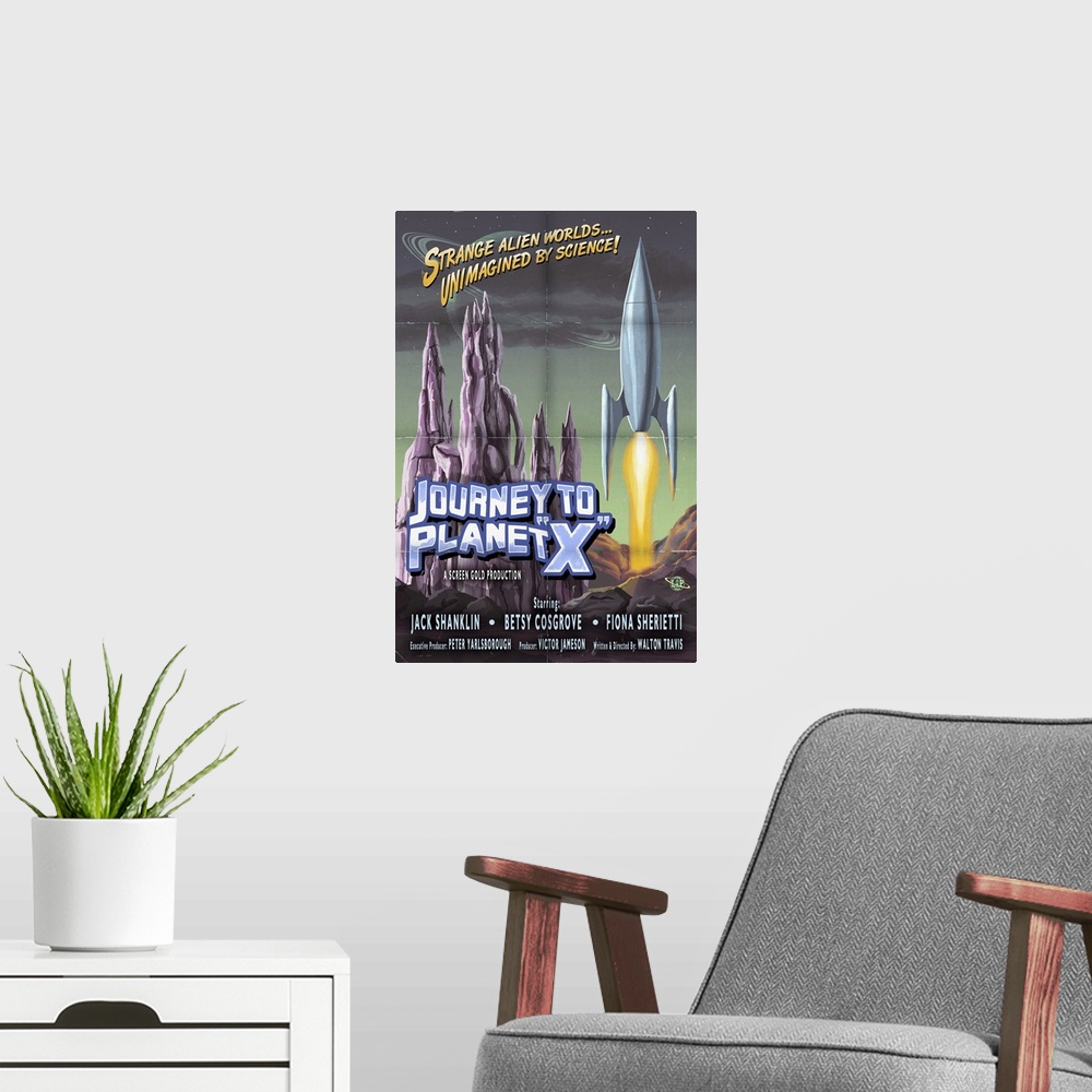 A modern room featuring Journey to Planet X: Retro Travel Poster