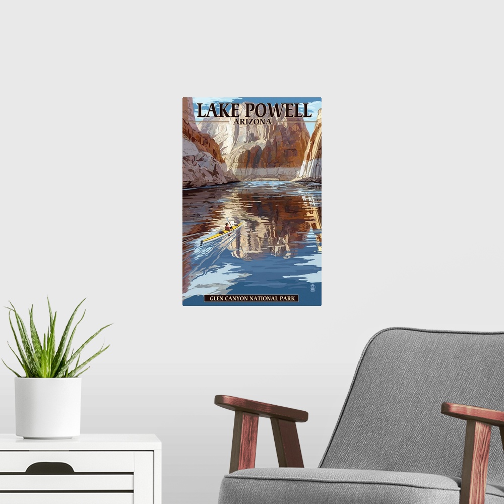 A modern room featuring Kayaking In Lake Powell: Retro Travel Poster
