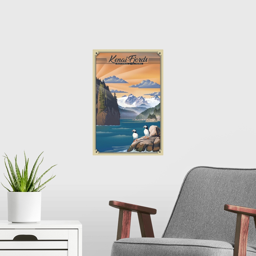 A modern room featuring Kenai Fjords National Park, Puffins: Retro Travel Poster