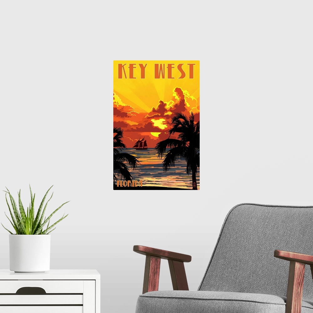 A modern room featuring Key West, Florida - Sunset and Ship: Retro Travel Poster