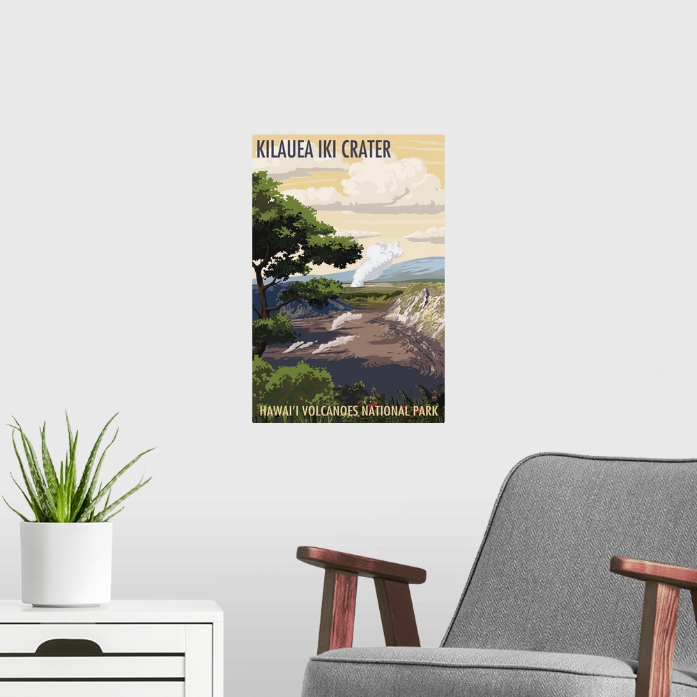 A modern room featuring Kilauea Iki Crater, Hawaii Volcanoes National Park: Retro Travel Poster