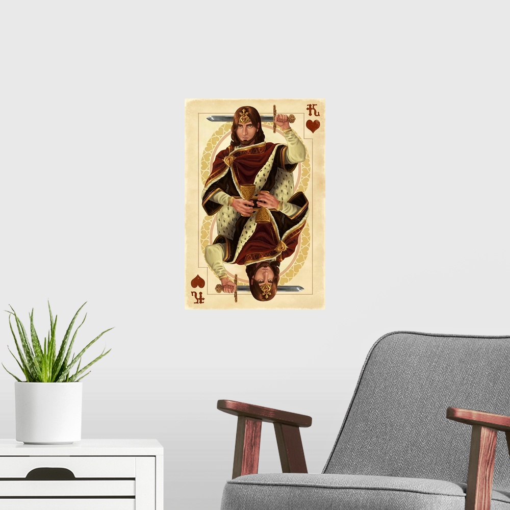A modern room featuring King of Hearts - Playing Card: Retro Art Poster