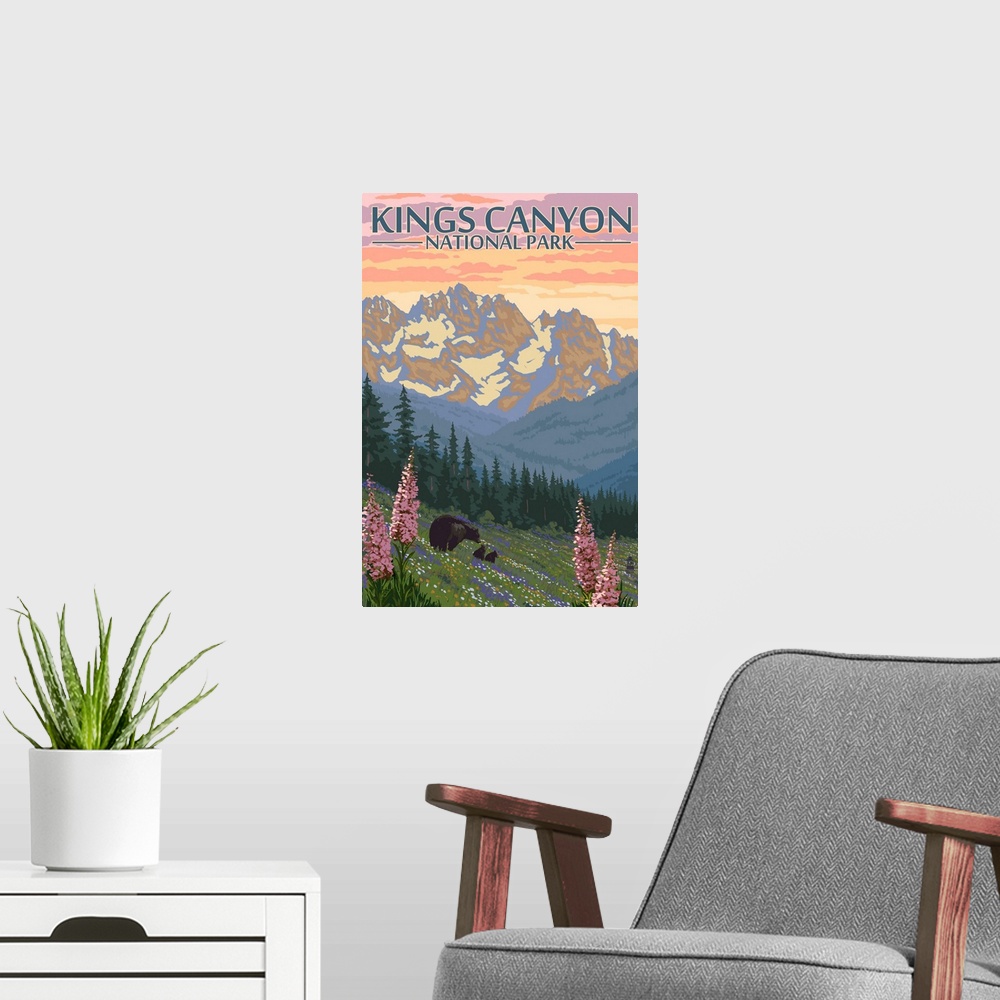 A modern room featuring Kings Canyon National Park - Bear Family and Spring Flowers: Retro Travel Poster