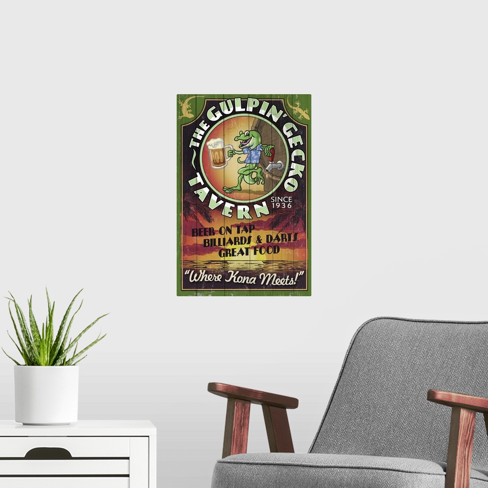 A modern room featuring Retro stylized art poster of sign for a beer, with an illustrated gecko holding a beer mug.