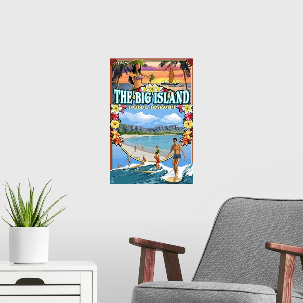 A modern room featuring Retro stylized art poster of surfers in the ocean.
