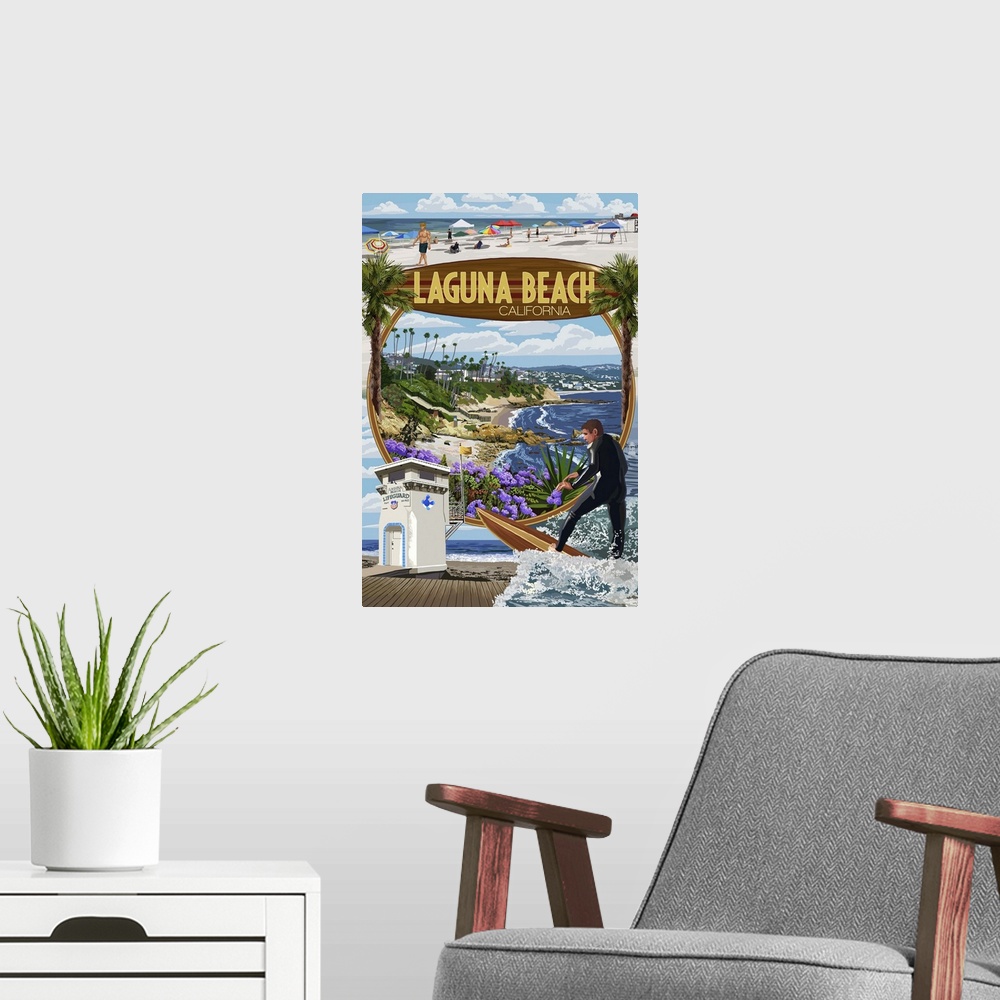 A modern room featuring Laguna Beach, California - Montage Scenes: Retro Travel Poster