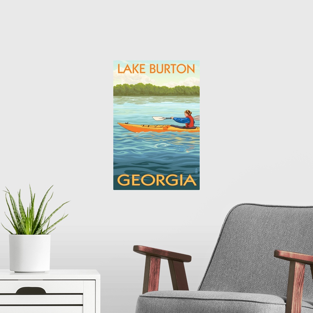 A modern room featuring Retro stylized art poster of a woman in a kayak paddling in clear blue water.
