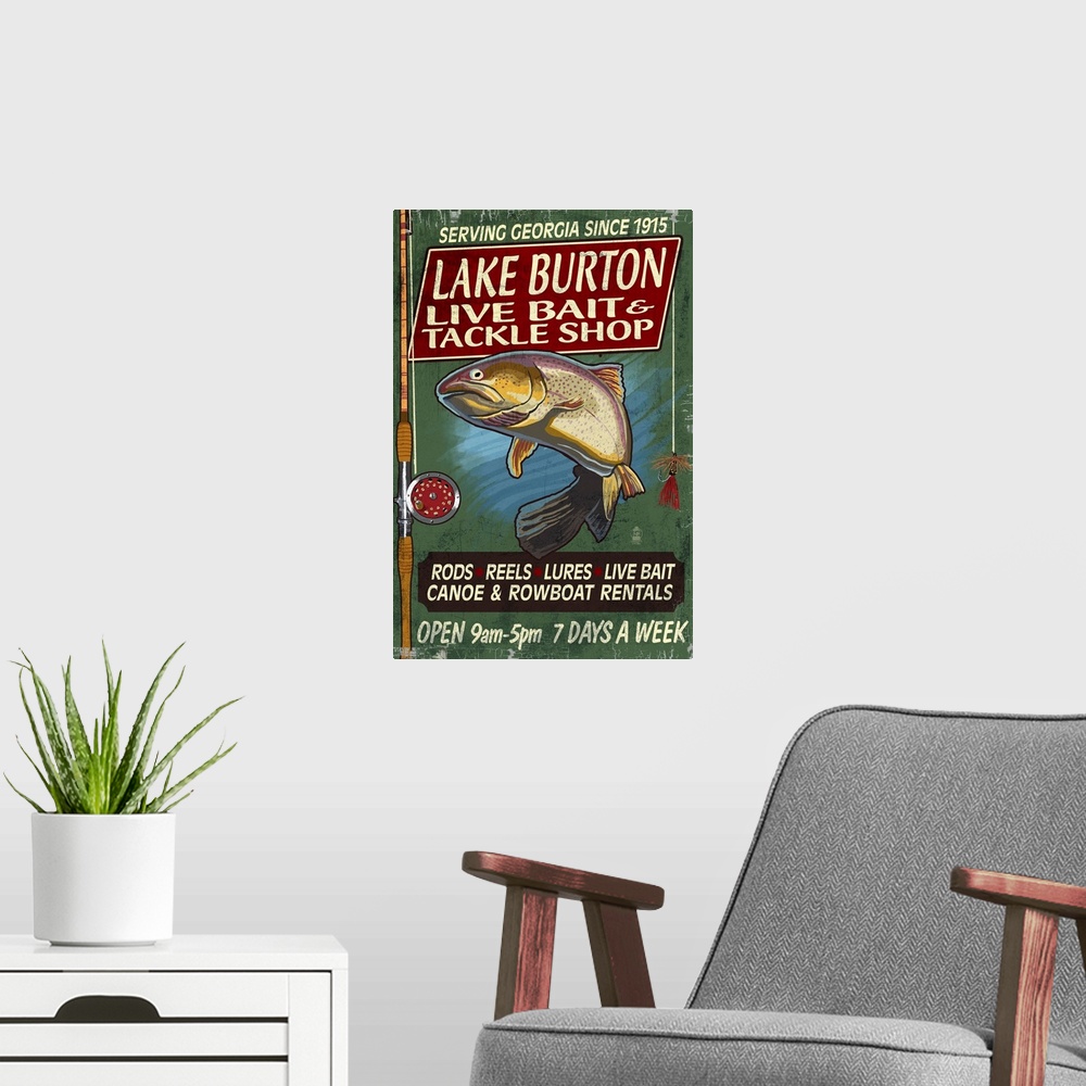 A modern room featuring Lake Burton, Georgia - Tackle Shop Trout Vintage Sign: Retro Travel Poster