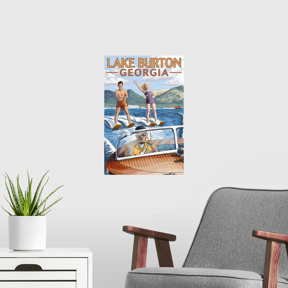 A modern room featuring Retro stylized art poster of a happy couple waterskiing. Being pulled by a wooden speed boat.