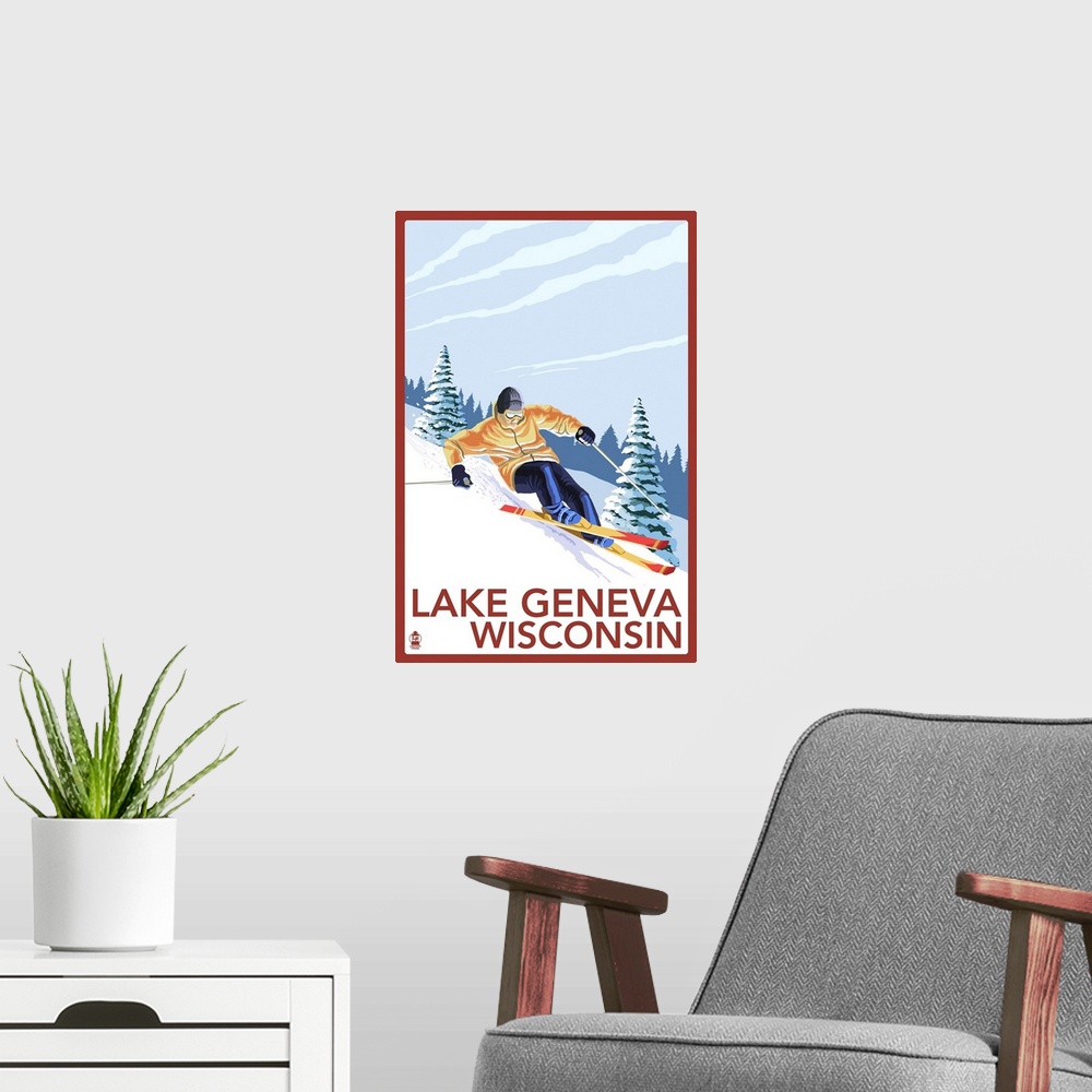 A modern room featuring Lake Geneva, Wisconsin - Downhill Skier: Retro Travel Poster