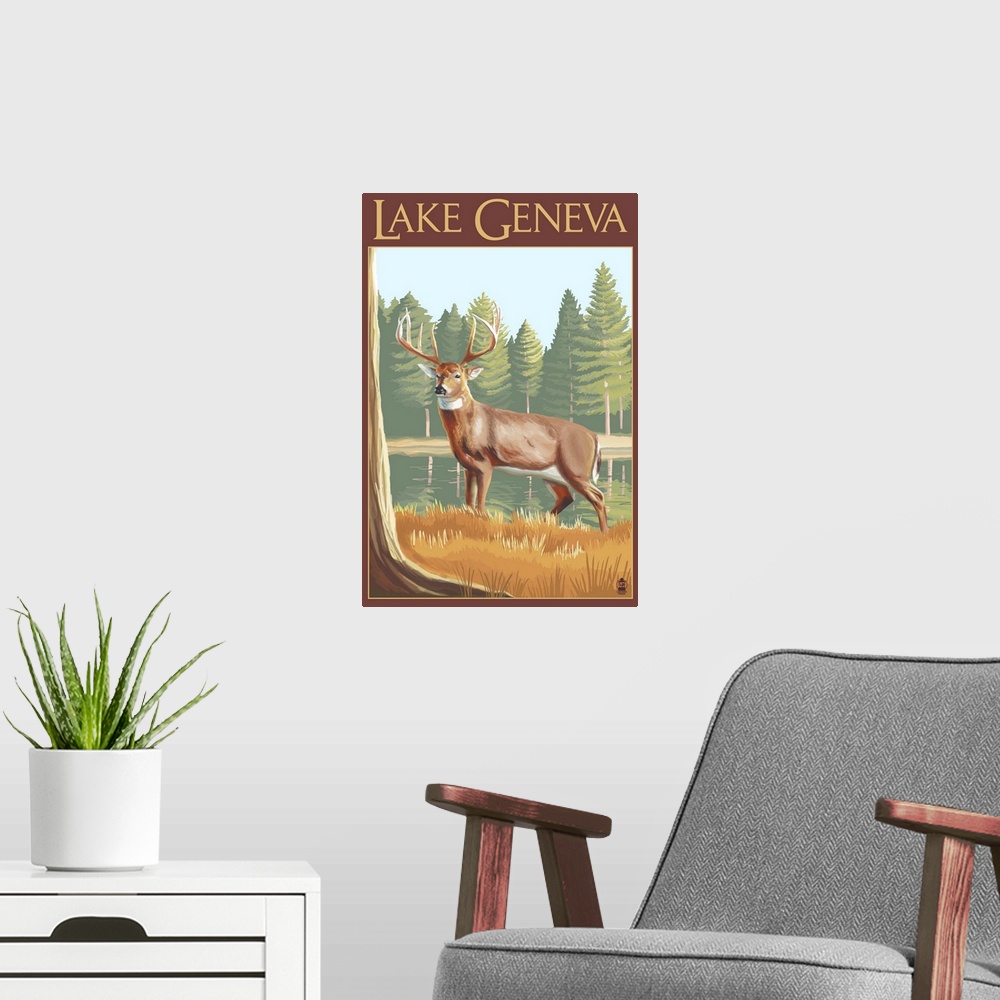 A modern room featuring Lake Geneva, Wisconsin - White Tailed Deer: Retro Travel Poster