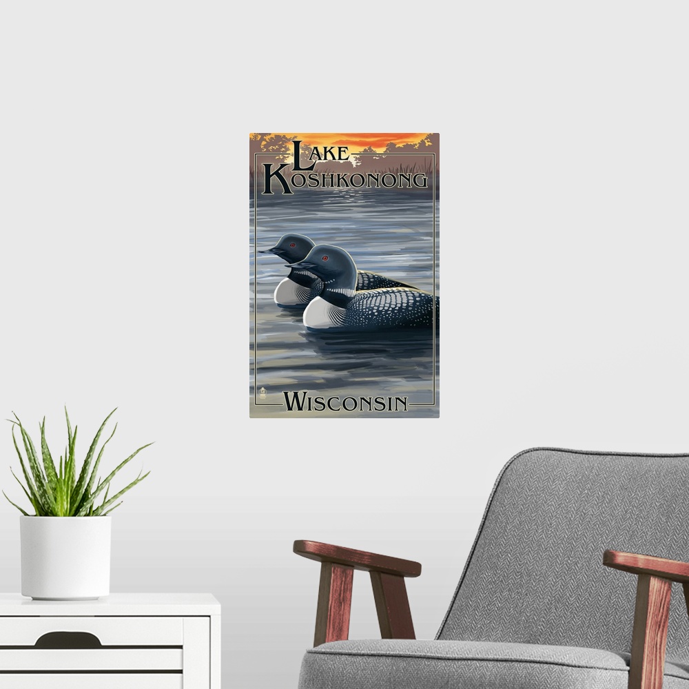 A modern room featuring Lake Koshkonong, Wisconsin - Loons: Retro Travel Poster