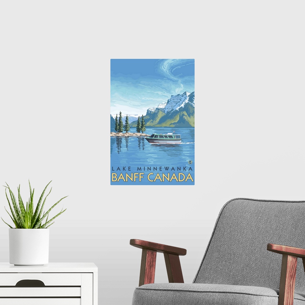 A modern room featuring Lake Minnewanka, Banff, Canada: Retro Travel Poster