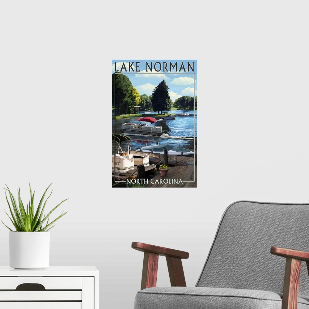 A modern room featuring Lake Norman, North Carolina - Pontoon Boats: Retro Travel Poster