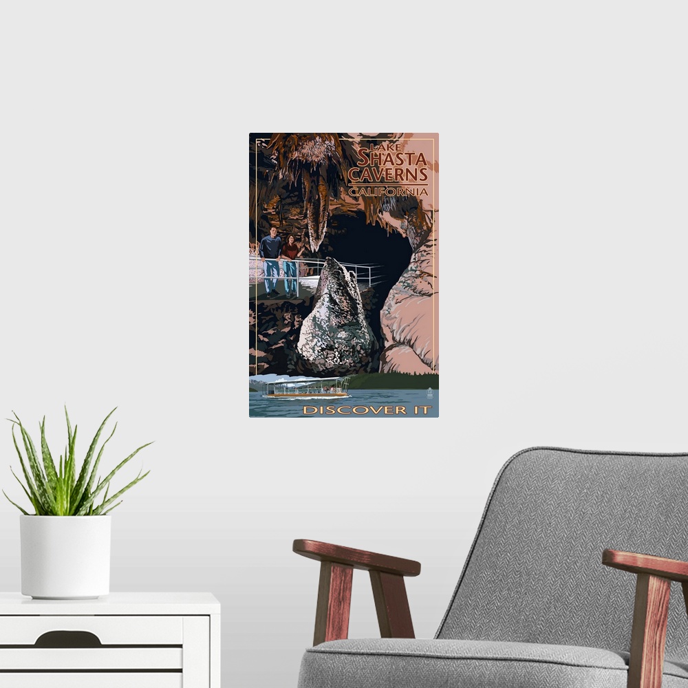 A modern room featuring Lake Shasta Caverns, California - Cave and Catamaran: Retro Travel Poster