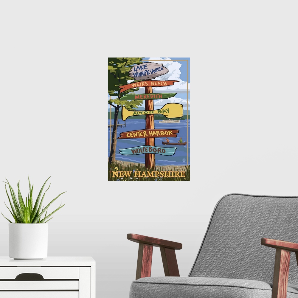 A modern room featuring Lake Winnipesaukee, New Hampshire - Signpost Destinations: Retro Travel Poster