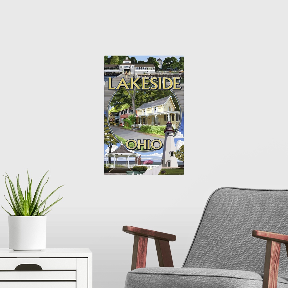 A modern room featuring Retro stylized art poster of a montage of image of a coastal town.