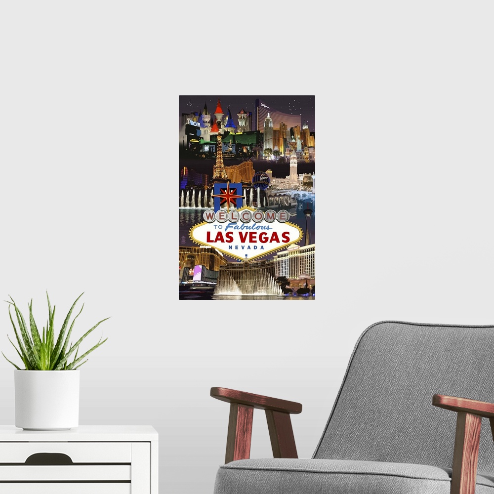 A modern room featuring Las Vegas Casinos and Hotels Montage: Retro Travel Poster