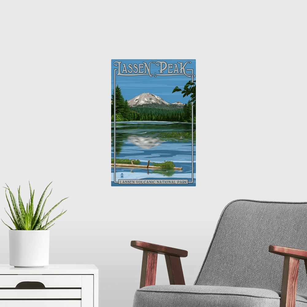 A modern room featuring Lassen Peak and Manzanita Lake: Retro Travel Poster