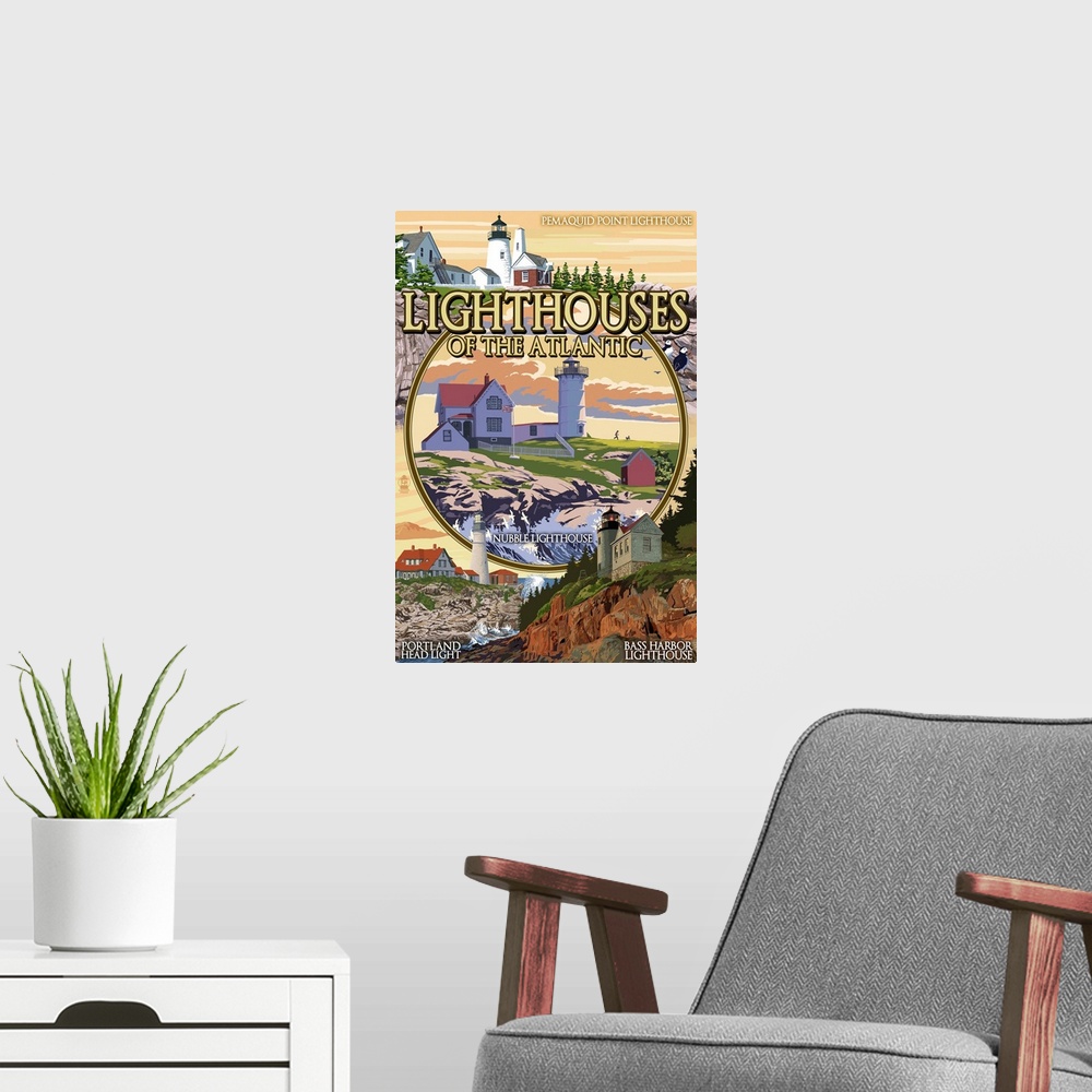 A modern room featuring Lighthouses of Maine Montage: Retro Travel Poster