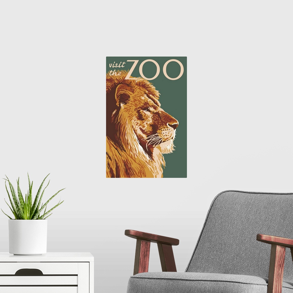 A modern room featuring Lion Up Close - Visit the Zoo: Retro Travel Poster