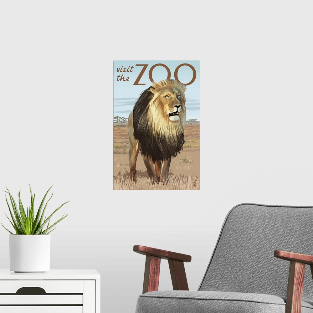 A modern room featuring Lion - Visit the Zoo: Retro Travel Poster