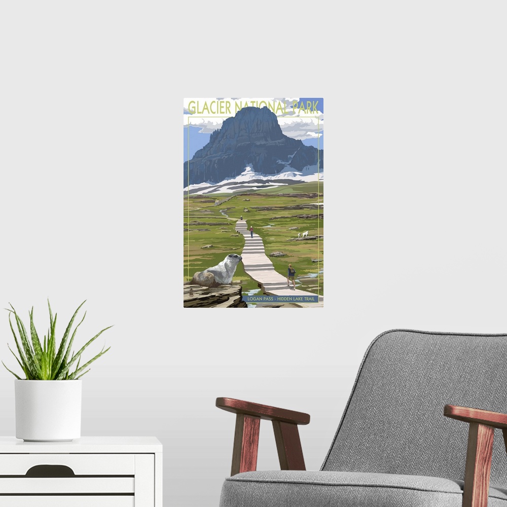 A modern room featuring Retro stylized art poster of a long path though a lush green field, leading to a glacier and moun...