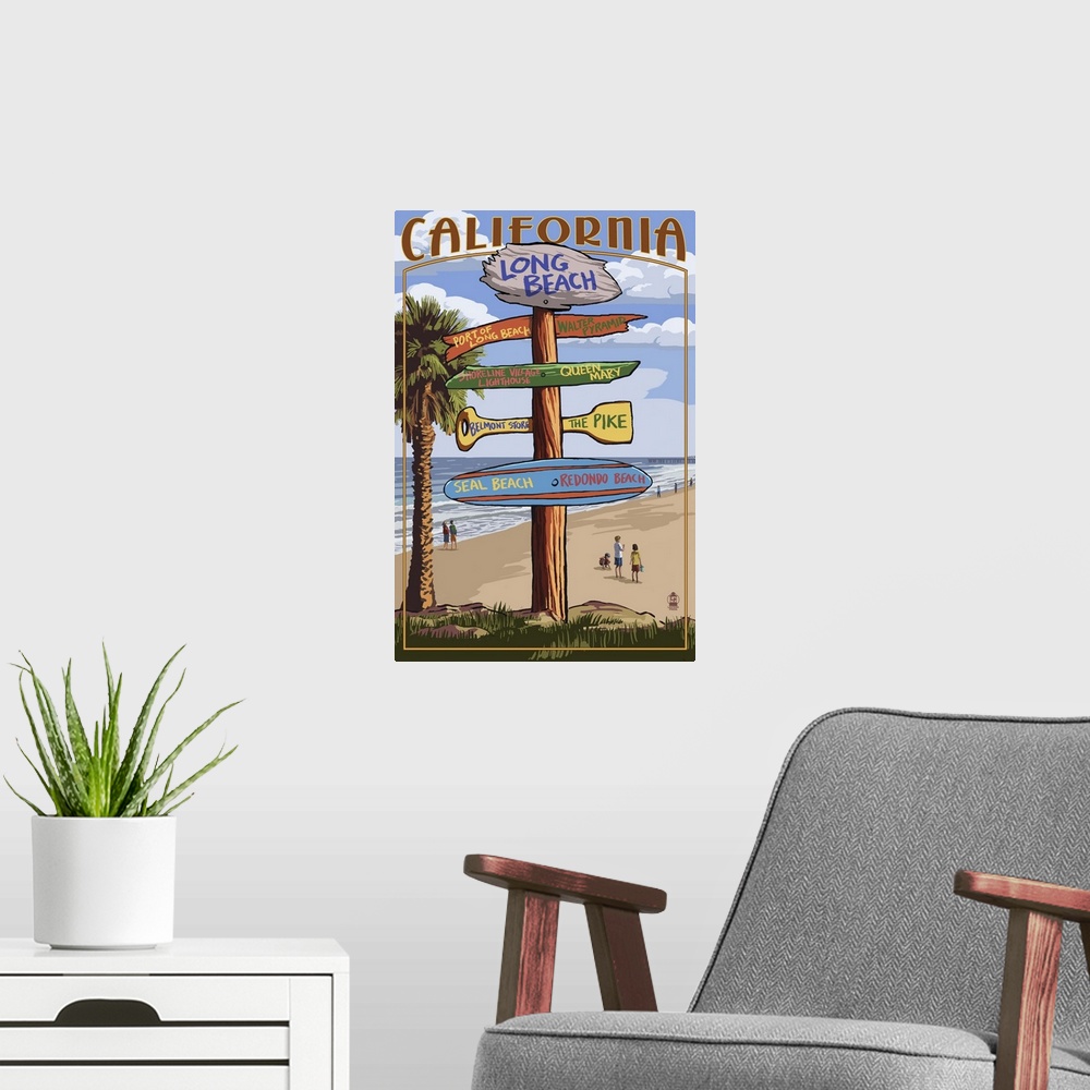 A modern room featuring Long Beach, California - Destination Sign: Retro Travel Poster