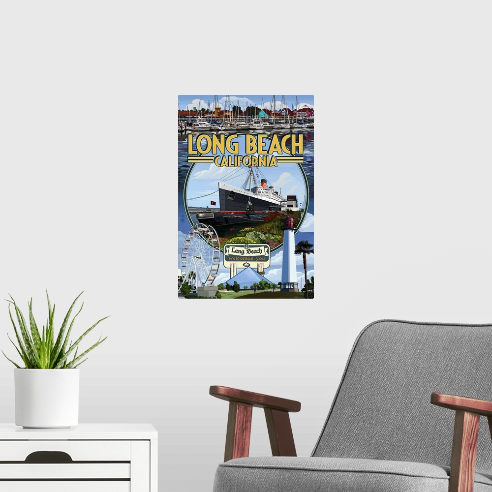 A modern room featuring Long Beach, California - Montage 2: Retro Travel Poster