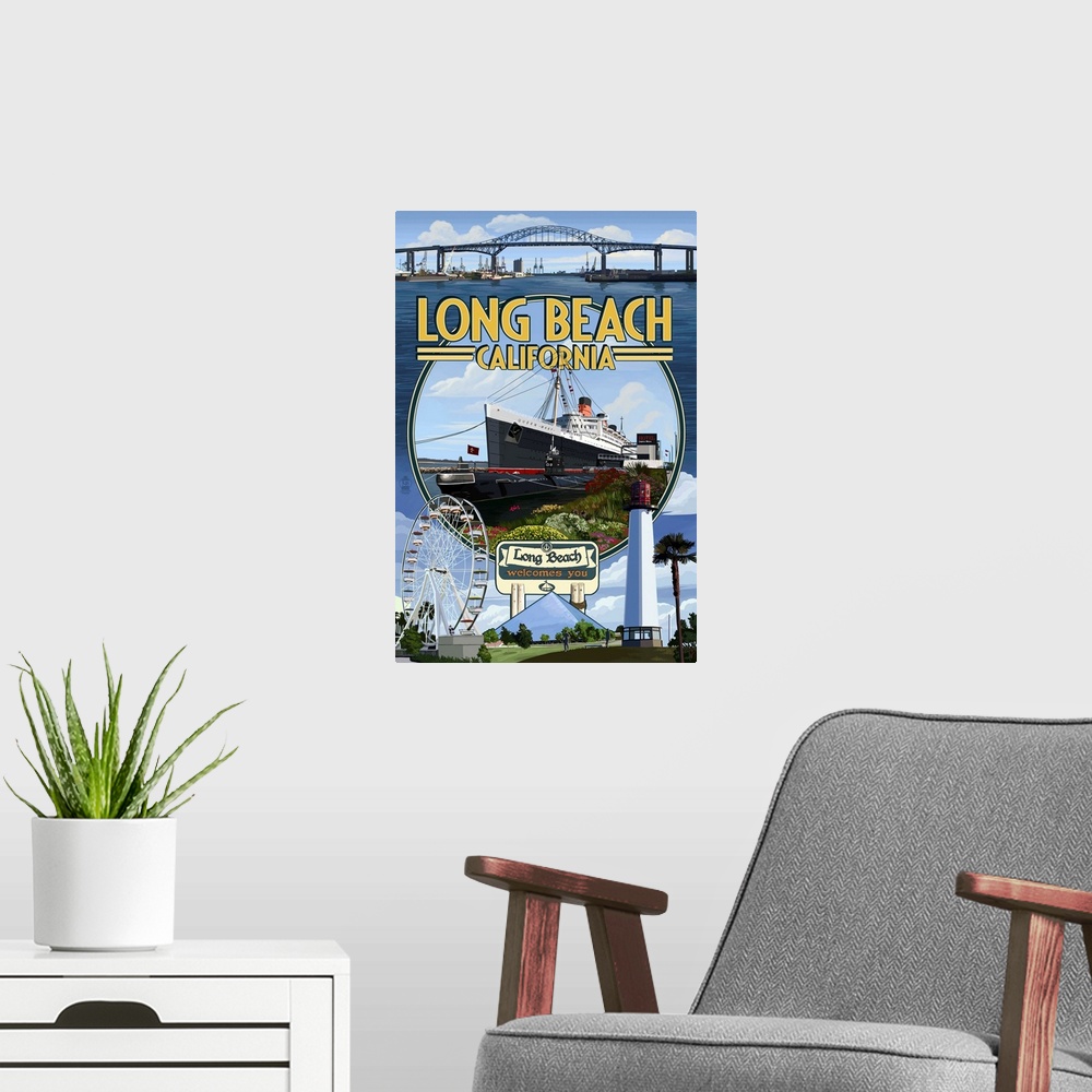 A modern room featuring Long Beach, California - Montage 3: Retro Travel Poster