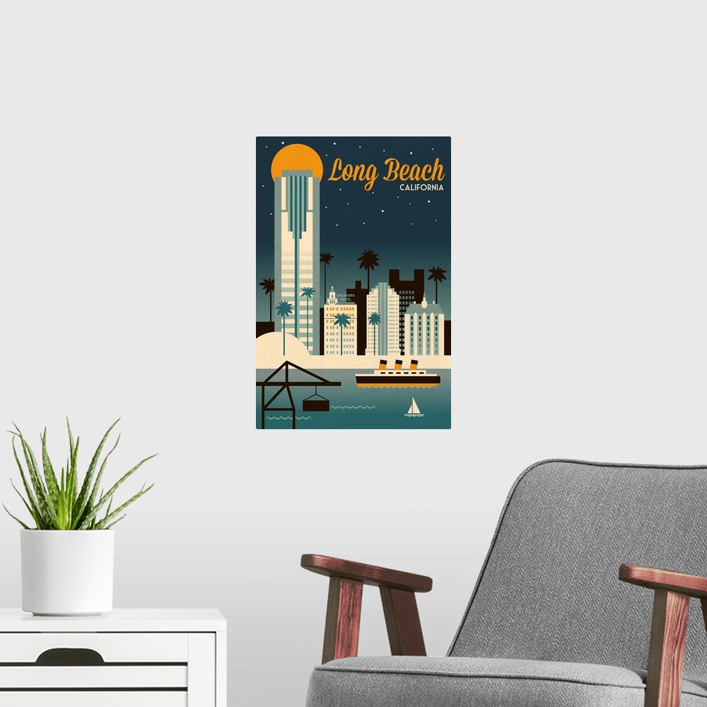 A modern room featuring Long Beach, California - Retro Skyline Classic Series
